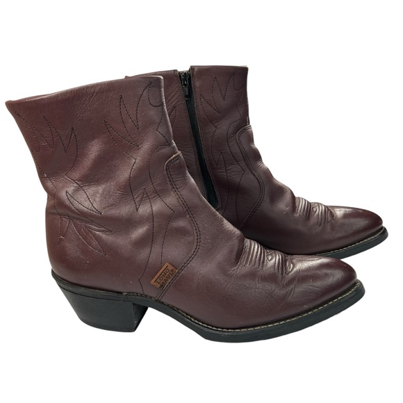 Long Haul Brown Inside Zip Western Leather Embroidered Short Boots Men's 8.5 - Picture 4 of 15